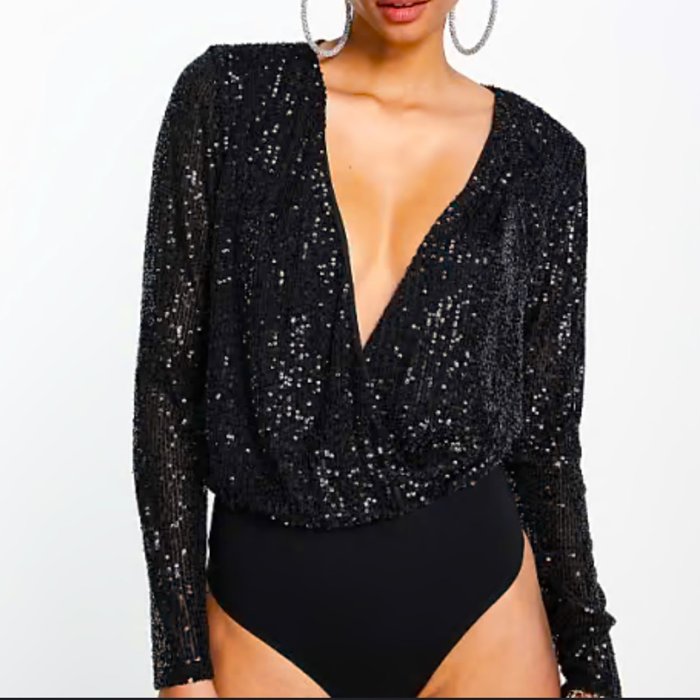Primark Sequence Black Going Out Long Sleeve Bodysuit Size L